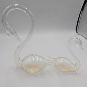 Vintage Delicate Swan Figurines Clear Glass Hand Blown Vase Set of 2 Plant